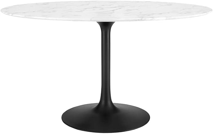 Modway Lippa 54" Oval-Shaped Mid-Century Modern Dining Table with Artificial Marble Top and Black Base
