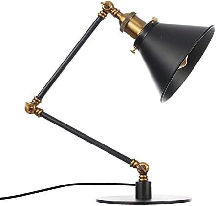 Industrial Metal Desk Lamp with Adjustable Swing Arm - Vintage Bedside Table Light for Bedroom, Retro Cafe Reading Lamp in Black and Gold Finish