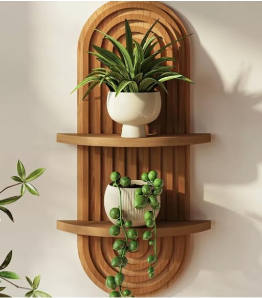 Boho Wooden Wall Shelf, 16.7 Inch Mid-Century Modern Arched Floating Shelves, 2-Tier Hanging Wall Decor for Plants, Bathroom, Bedroom, Living Room, Home Art Decoration