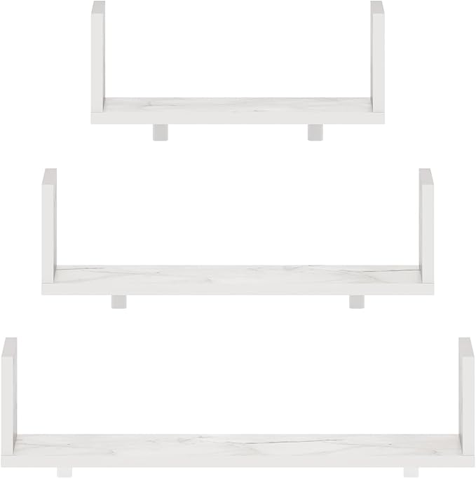Furinno Rossi Bedroom Decor Wall Mounted Floating Display Shelves with Invisible Brackets, Set of 3, Marble White