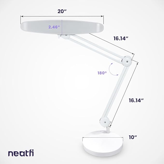 Neatfi XL Nail Desk Lamp with Clamp, 2200 Lumens, 20-Inch Wide Head, Dimmable 4 Levels, 6500K, LED Task Light for Manicure Table, Crafts, Workbench, Office (Non-CCT with Base, White)