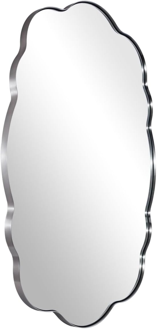 ANDY STAR Brushed Nickel Wavy Oval Bathroom Mirror,24x40 Inch Silver Scalloped Wall Mirror, Unique Irregular Wall Mirror with Sophisticated Curved Design