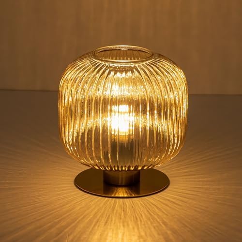 Mid Century Modern Globe Table Lamp, Amber Glass Table Lamp Vintage Bedside Lamp Gold Nightstand Lamp Ribbed Lantern Design, Small Side Table Lamps Decorative Desk Lamp for Bedroom Living Room Office