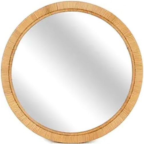 Decorative Rattan Wall Mirror, Boho Bathroom Modern Makeup, Rustic Wall Bohemia Mirrors for Bedroom, Living Room, Vanity Versatile Farmhouse, Nursery, Bathroom (Round 28“x28”, XX Small)