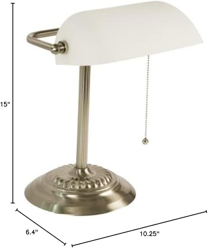 LIGHTACCENTS Bankers Desk Lamp with White Glass Shade, Nickel Finish - Traditional Desk Light for Home Office, Reading, Piano, Bedside