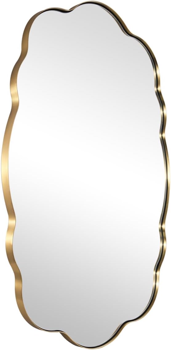 ANDY STAR Brushed Gold Oval Bathroom Mirror, 24x40 Inch Modern Wavy Scalloped Wall Mirror, Anti-Rust Brass Metal Mirror for Bathroom Hang Vertical or Horizontal