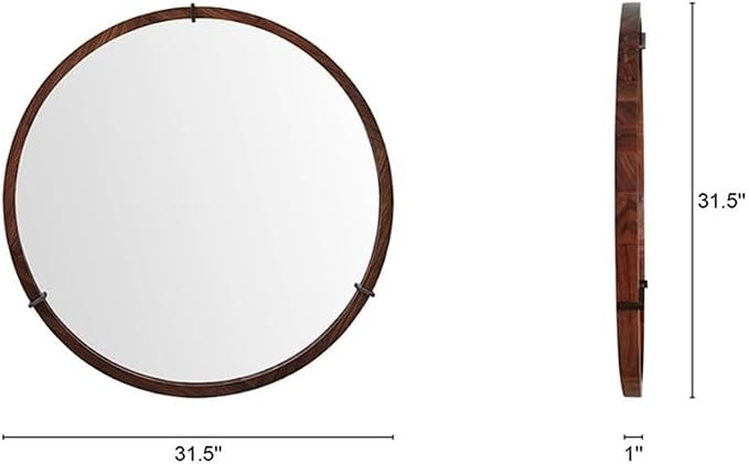 Pemberly Row 31.5" Round Accent Mirror, Walnut Wood and Veneer Frame, Brown Finish, Mid-Century Modern Design, Gunmetal Geometric Accents, Wall Mount for Entryway, Bedroom, Living Room Decor
