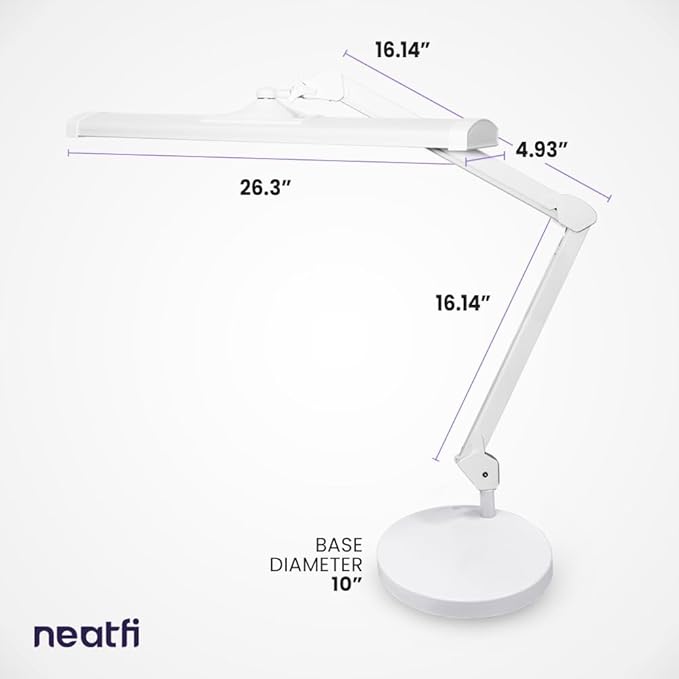 Neatfi Ultra Desk Lamp – 3,500 Lumens, 45W LED, 26-Inch Wide Shade, 5 Brightness Levels, Shadow-Free, Non-Flickering Light, Lamp for Reading, Crafting, Painting, Sewing (Non-CCT with Base, White)