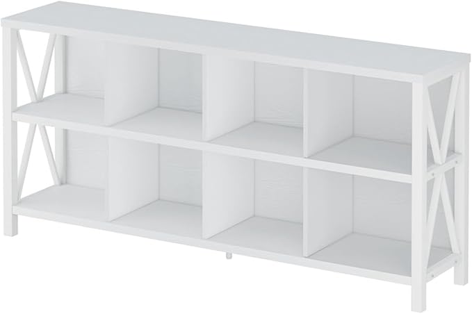 FATORRI 8 Cube Storage Organizer, 62 Inch Heavy Duty Horizontal Bookshelf, Industrial Long Bookcase and TV Stand for 65 Inch TV, Rustic Wood Accent Shelf for Living Room (White Oak)