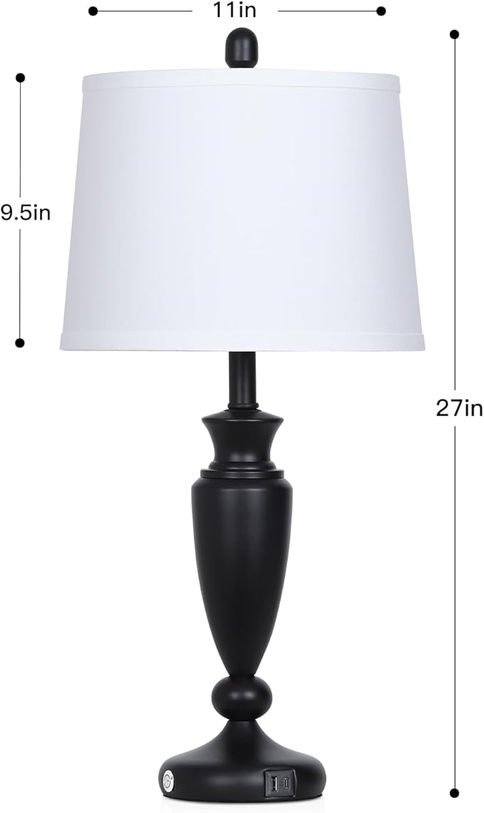 27'' Black Table Lamp Single, 3 Way Touch Control Living Room Lamp with USB A+C Ports, Modern Bedside Lamp, Elegant Metal Nightstand Lamps for Bedroom Office End Table Decoration