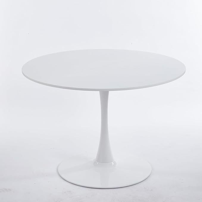 42" White Round Tulip Table for 4-6, Mid Century Modern Pedestal Dining Table with Sturdy Metal Base – Small Space Kitchen, Bistro, Café, Living Room, Office