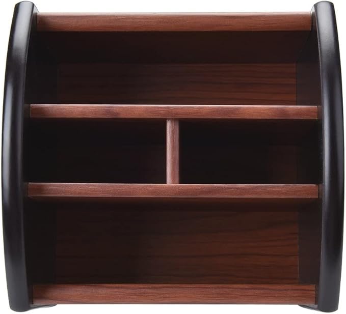 Siveit Wooden Desk Organizer, 4 Compartment Revolving Wood Desktop Organizer Office Supplies Rotating Remote Control Caddy Holder (Desk Organizer-4)