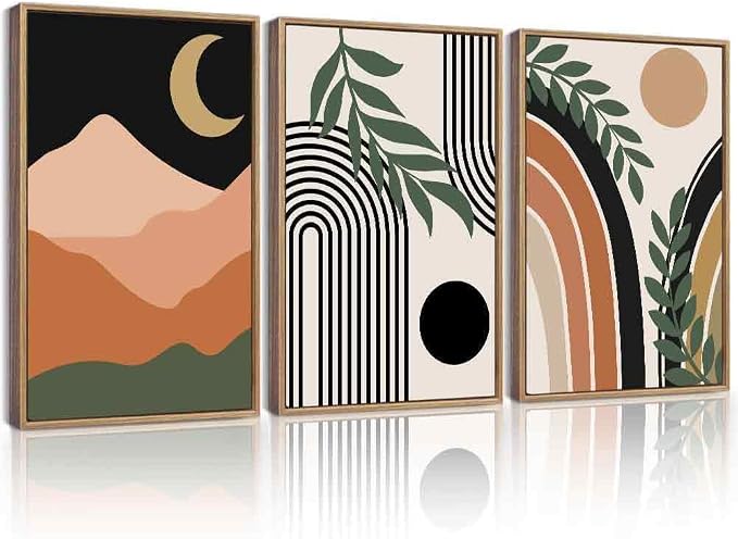 Drsoum Boho Wall Art Framed Bohemian Plant Wall Decor Abstract Geometry Artwork Hallway Living Room Prints Ready to Hang 16x24in Natural Framed