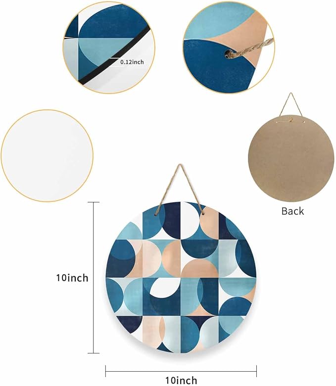 Welcome Sign for Front Door Mid Century Geometric Wood Door Hanger for Outdoor Outside Porch,10 Inch Round Wooden Wreath Indoor Wall Hanging Decoration, Abstract Modern Blue