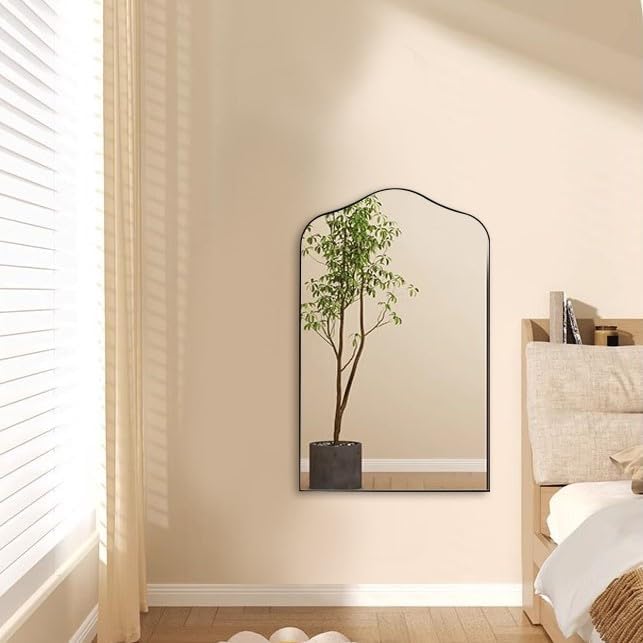 ANDY STAR Scalloped Arched Mirror, 24x38 Brushed Nickel Irregular Bathroom Mirror for Vanity, Asymmetrical Curved Top with Rustproof Stainless Steel Frame, for Entryway, Bedroom, Mantel, Fireplace