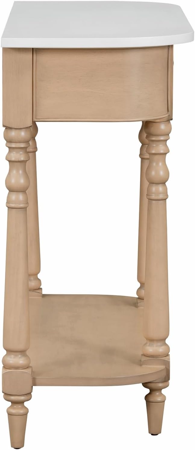 Retro Curved Console Table, 36" Solid Wood Half Moon Console Table Sofa Table Entryway Table with 1 Drawer 1 Open Shelf Roman Legs Curved Corners for Living Room,Entryway,Hallway,White+Beige