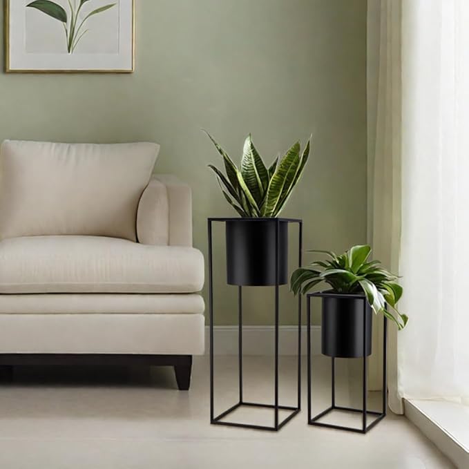 TRIROCKS Set of 2 Planters with Stand Large Metal Planter for Indoor Plants 28 &18" H Plant Pots for Living Room Corner Kitchen Office Garden Balcony Patio Decor(Black)