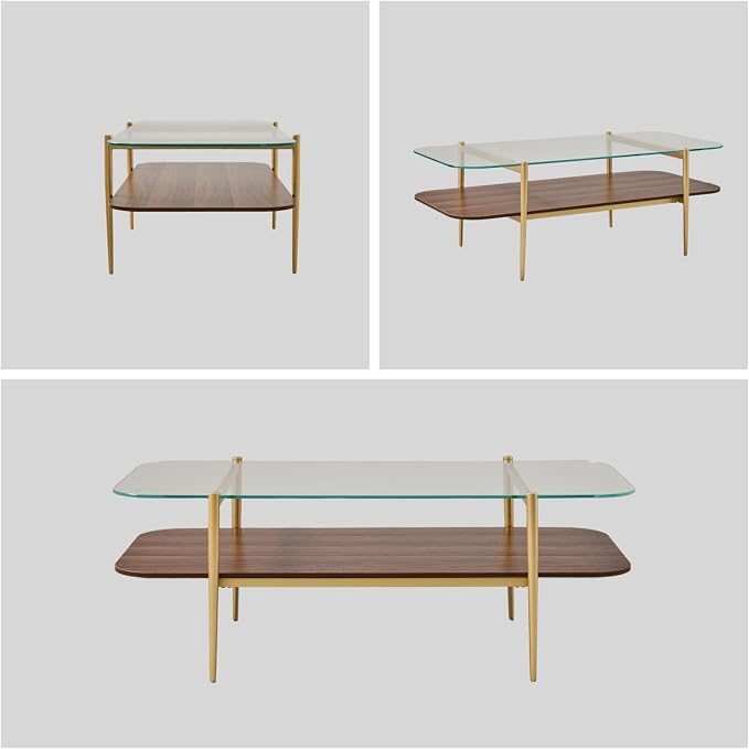 Saint Mossi Tadio Oval Glass Coffee Table, Double Layer Coffee Table for Living Room, Clear Glass & Coffee Brown MDF Bottom Shelf, H17xL47xW21