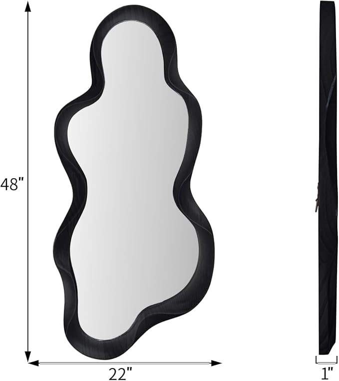 48"x 22" Irregular Wall Mirror, Wood Black Framed Wall Mirror, Asymmetrical Wall Wavy Mirror for Living Room Bedroom Entryway Bathroom Modern Decorative Mirror with Hanging Hooks