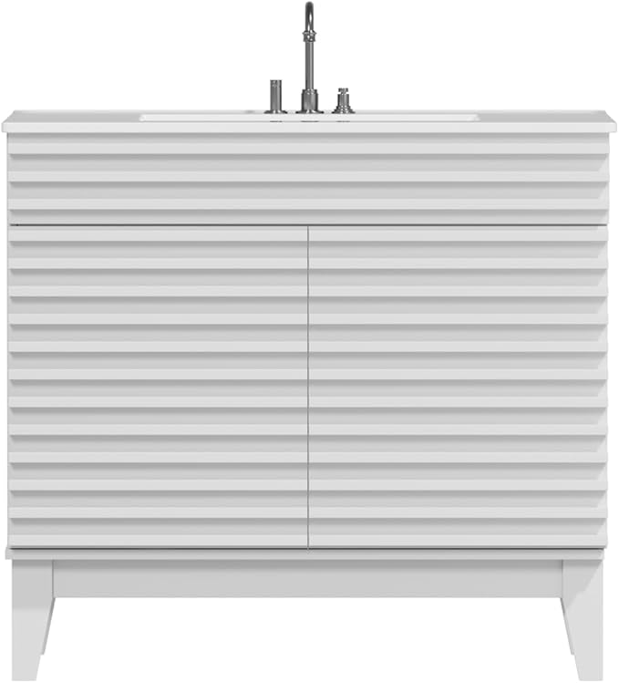 ROOMTEC 36" Bathroom Vanity with Sink, Mid-Century Freestanding Bathroom Vanity Sink with Storage, Undermount Ceramic Sink, Particleboard Frame with Wood Grain Laminate, White