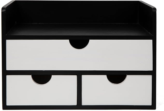 Rustic Distressed white 3-Tier Wood Desk Organizer with 3 Drawers Mini Storage Shelf For Desk, Toiletries Vanity Office Supplies (BlackWhite)