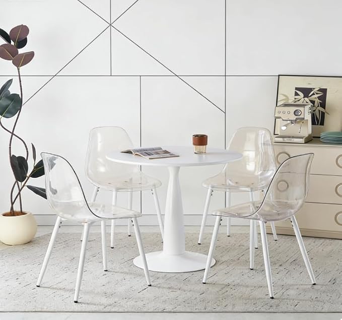 31.5" Round Dining Table Set for 4, Mid Century Modern Round Dining Table with 4 Chairs, w/Pedestal, White Coffee Table Set for Kitchen Dining Room, Office, Save Space (with 4 PET Chairs)