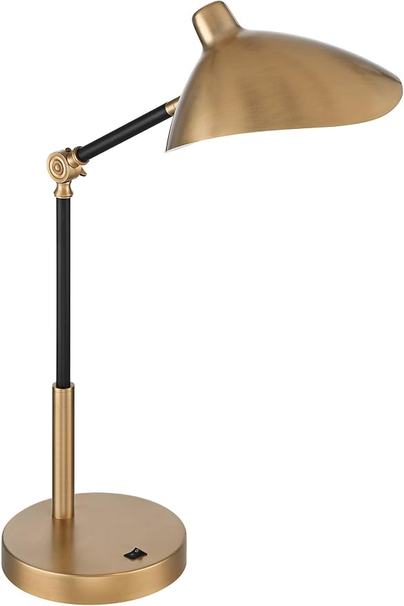 360 Lighting Colborne Mid Century Modern Industrial Desk Table Lamp LED with USB Charging Port 28" Tall Antique Brass Black for Living Room Bedroom House Bedside Nightstand Home Office