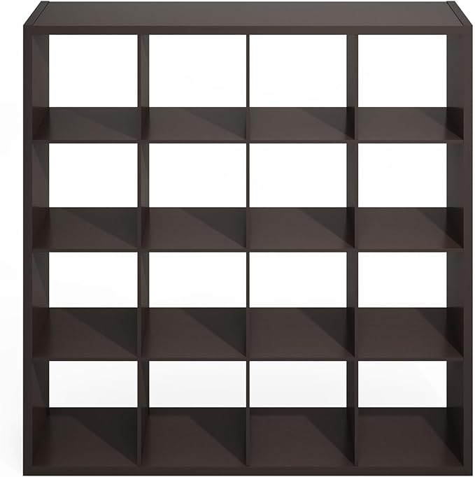Furinno Simple Cube Storage Organizer, 16-Cube Display Shelf, Open Back Shelving Unit, Storage Shelves, Extra Thick Frame, for Organization and Storage, Living Room, Home Office, Black Dark Oak
