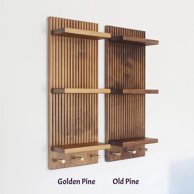 Mid‑Century Vertical Fluted Wall Shelf with Brass Knobs, 3‑Tier Dark Walnut Wood Wall‑Mount Organizer, Decorative Floating Display Rack for Plants Jewelry Home Decor