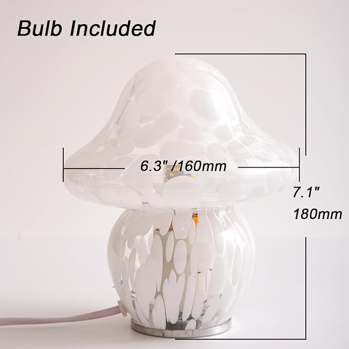 HEQET Mushroom Lamp Glass Mushroom Table Lamp for Bedrooms, Living Room, Aesthetic Lamps for Bedroom, Cute Bedside Lamp(White Dot)