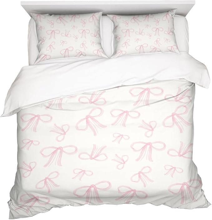 Trendy Pink Bows Duvet Cover Queen Size Coquette Girly Bedding Set Bowknot Bed Cover Dreamy Princess Style Kids Girls Soft Bed Cover for Women Funky Preppy Teen Girl Room Decor 88"x88"