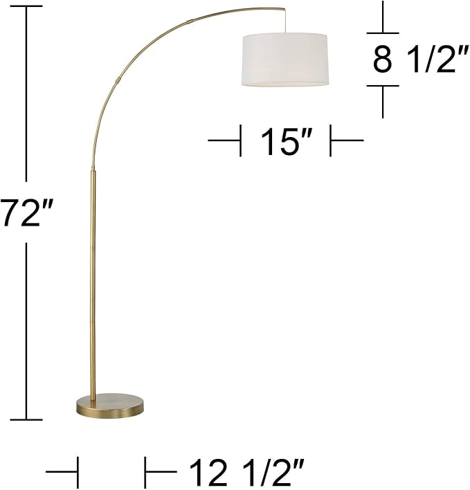 360 Lighting Cora Mid Century Modern Arc Lamps Floor Standing with USB Charging Port 72" Tall Brass Metal White Linen Fabric Drum Shade for Living Room Reading House Bedroom Home Office