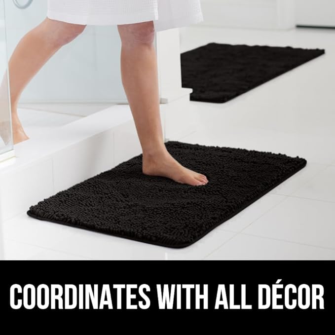 GORILLA GRIP Bath Rug Mat 30x20, Thick Soft Absorbent Chenille, Quick Dry Microfiber Mats, Rubber Backing Washable Shower Floor Rugs, US Designed Bathroom Bathmat Home Decor Accessories, Black