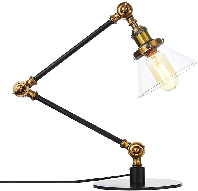 Table Lamp, Adjustable Swing Arm Metal Desk Lamp with Clear Glass Shade, Vintage E26 Reading Light for Bedroom or Bedside