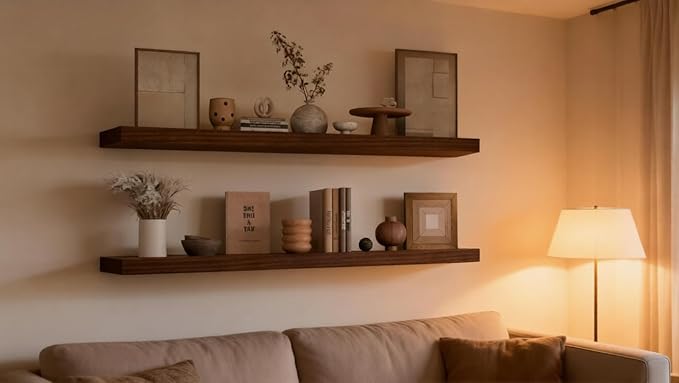 12x36 Inch Floating Shelves for Wall, Extra Long White Wall Shelves, Set of 2, Hanging Invisible Brackets Floating Shelves for Living Room,Bedroom,and Kitchen (Walnut, 2T60IN)