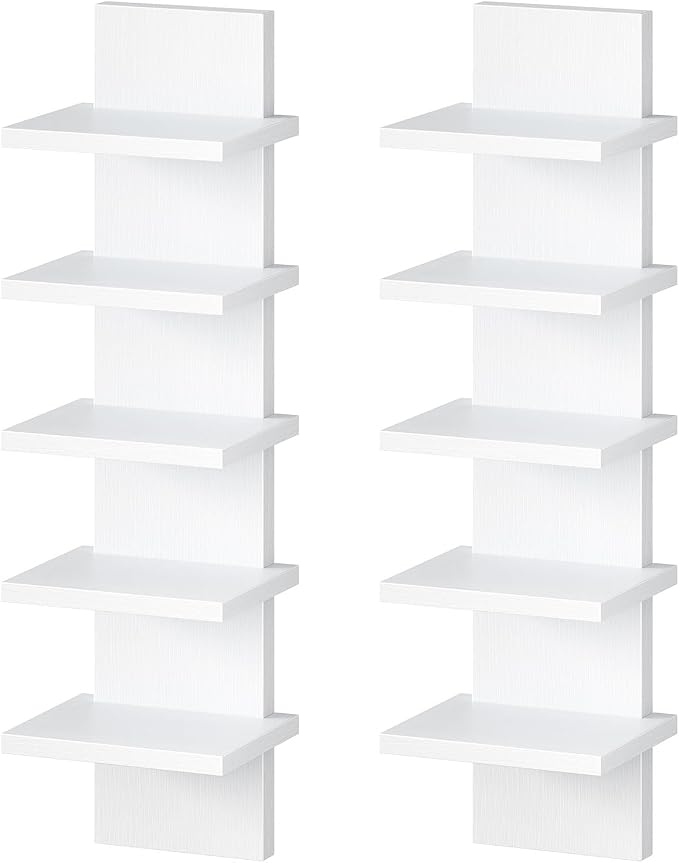 HOOBRO 5 Tier Wall Shelf Unit, 2 Pack Floating Shelves Wall Mounted, Wall Mount Vertical Shelving, Floating Storage Rack, Organizer Tall Tower Design for Livingroom, Bedroom, Kitchen, White WT18BJP201