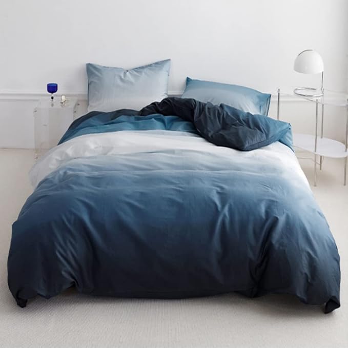Pureant Blue White Gradient Comforter Sets Queen Solid Ocean Sea Blue Bedding Comforters Cotton Modern Plain White and Sky Blue Gradient Soft Quilts Farmhouse Abstract Art Watercolor Comforters Warm