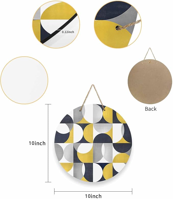 Welcome Sign for Front Door Mid Century Geometric Wood Door Hanger for Outdoor Outside Porch,10 Inch Round Wooden Wreath Indoor Wall Hanging Decoration, Abstract Modern Yellow