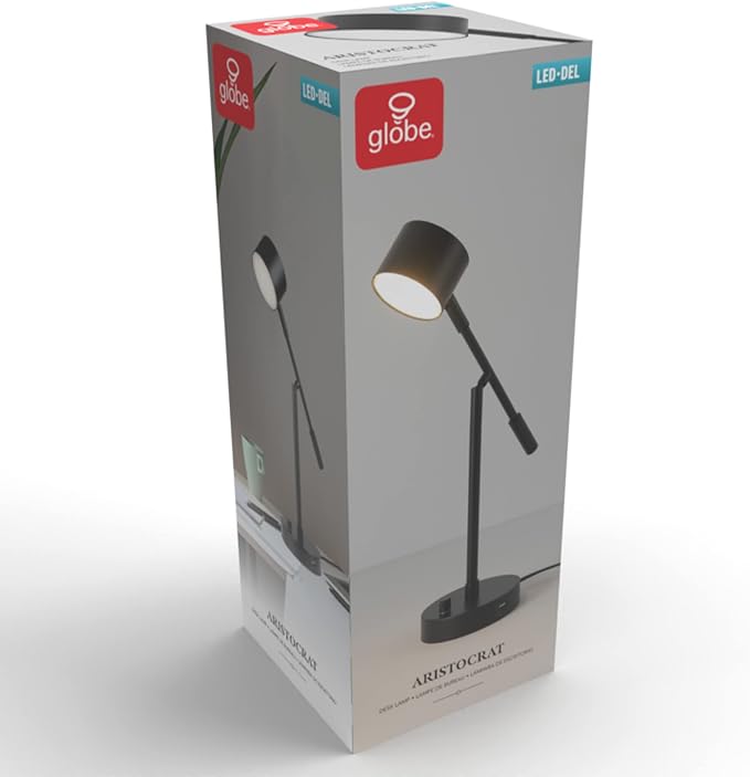 Globe Electric 52271 Aristocrat 16" Integrated LED Swing Arm Desk Lamp, Matte Black, Dimmable On/Off Rotary Switch at Base, 2.1A USB Port