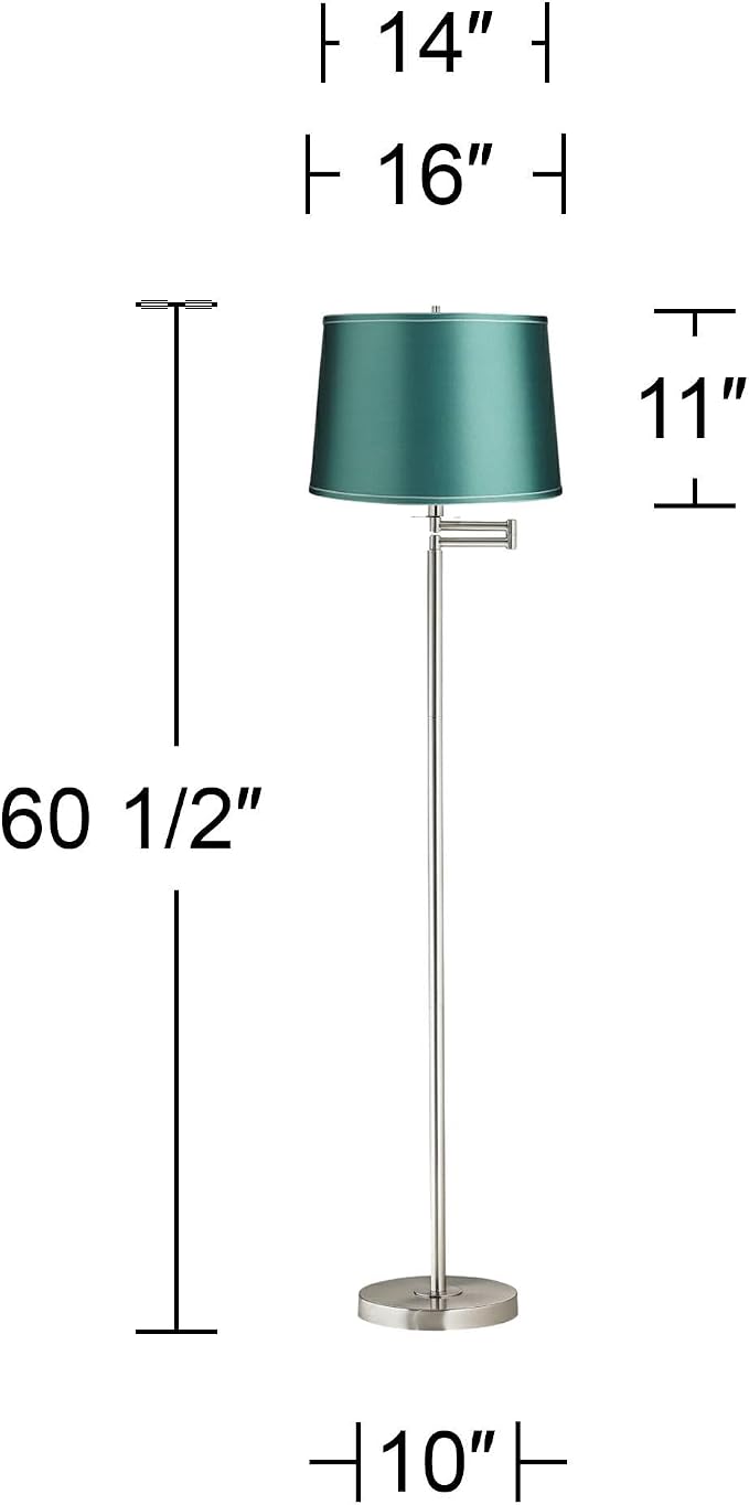 360 Lighting Druckman Modern 60 1/2" Tall Standing Floor Lamp Skinny Adjustable Swing Arm Pole Silver Metal Brushed Nickel Finish Living Room Bedroom House Reading Office Teal Blue Drum Shade