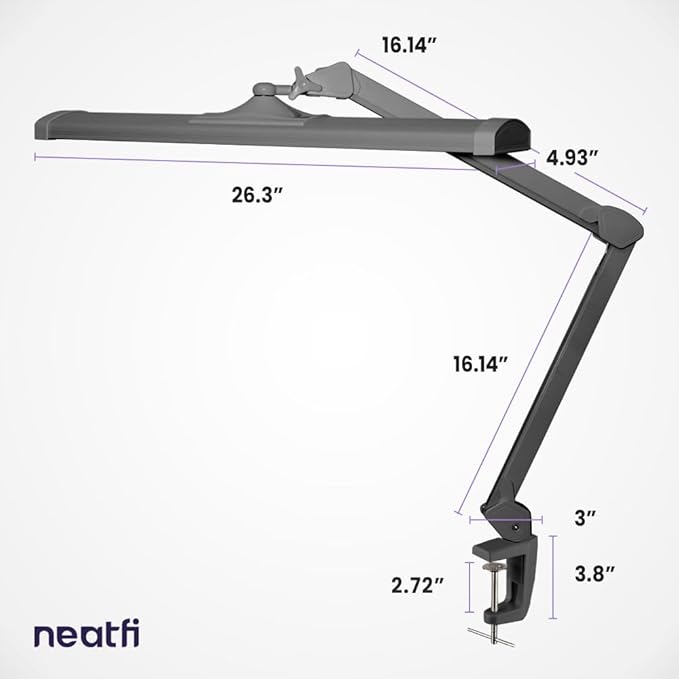 Neatfi Ultra Desk Lamp – 3,500 Lumens, 45W LED, 26-Inch Wide Shade, 5 Brightness Levels, Clamp Mount, Shadow-Free, Non-Flickering Light (Non-CCT with Clamp, Silver)