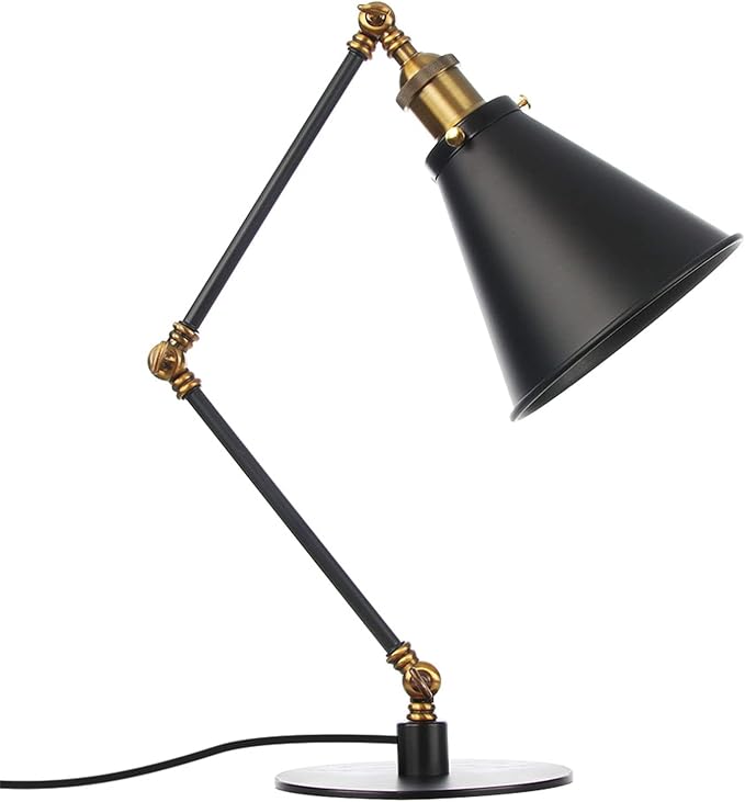 Makeup Vintage Desk Lamp, Industrial Metal Task Table Lamp with Adjustable Swing Arm, Bedroom Bedside Night Light Cafe Antique Reading Lighting,Black+Gold