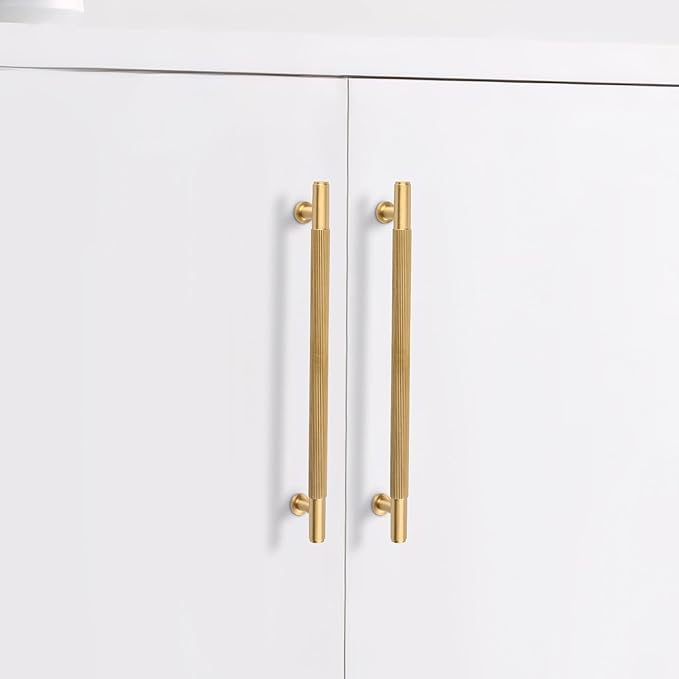 Solid Brass Kitchen Cabinet Pulls,7-1/2 Inch Brushed Matt Gold Dresser Drawer Handles, Modern Furniture Hardware Door Pulls for Cupborard Wardrobe Closet Vanity