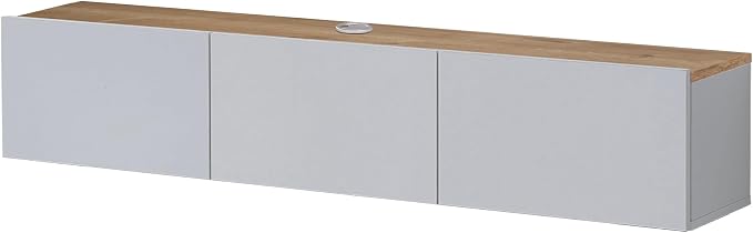 Atelier Mobili Floating TV Stand - Wall Mounted, Supports up to 80 inch TV, Modern White Entertainment Center for Living Room, White Floating TV Stand with Oak Counter Design