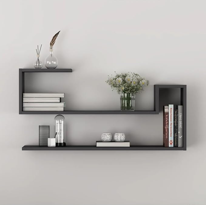 Geometric Wall Shelf: Modern MDF Floating Bookshelf (Anthracite)