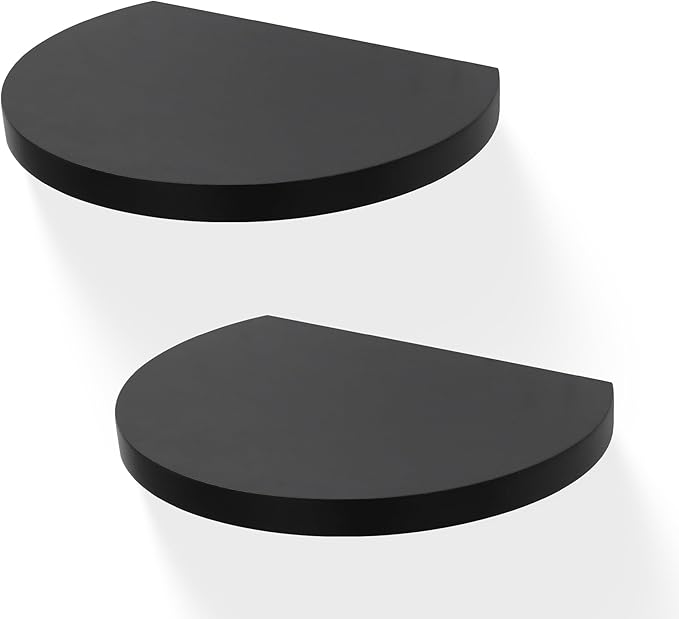Small Wood Floating Shelves (2-Pack, 8-inch Diameter) - Round Sturdy Invisible Wall Mount Display for Small Plants,Toys,Bathroom,Living Room Storage & Modern Rustic Décor (Black)