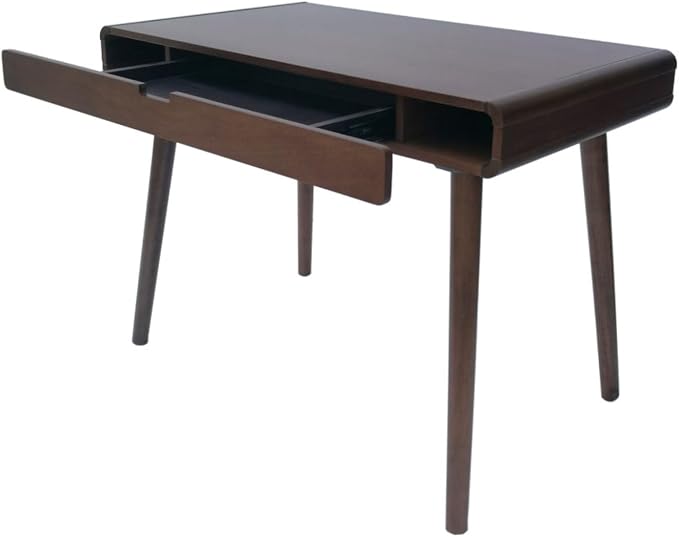 Hassyee Mid-Century Modern Style Writing Desk with Large Drawers, Computer Study Desk with Solid Rubberwood Legs for Home Office Workspace or Entryway (Brown)