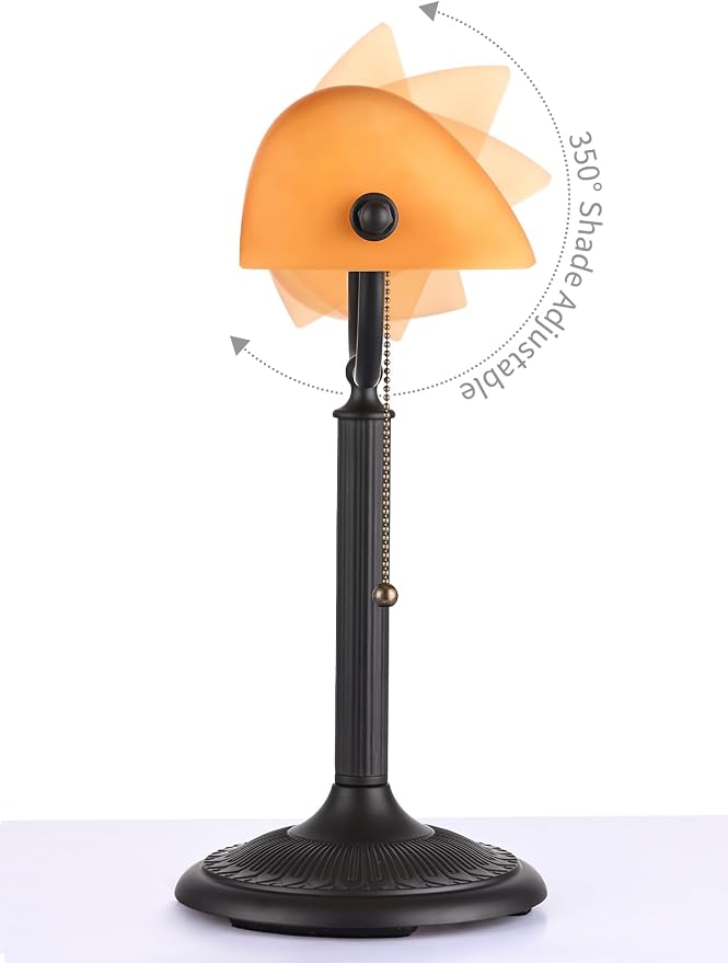 1-Minute Quick-Change Shade Antique Matted Amber Glass Bankers Desk Lamp,Plug in Fixture for Study, Office, Library,LED Bulb Included
