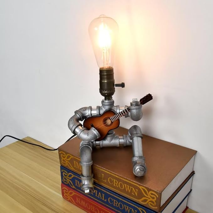Music Guitar Table Lamp Art Decor, Cool Guitar Stuff Gifts for Men Music Lovers Guitar Players, Steampunk Pipe Man Edison Bulb Lamps, Retro Guitars Metal Pipe Industrial Robot Lights
