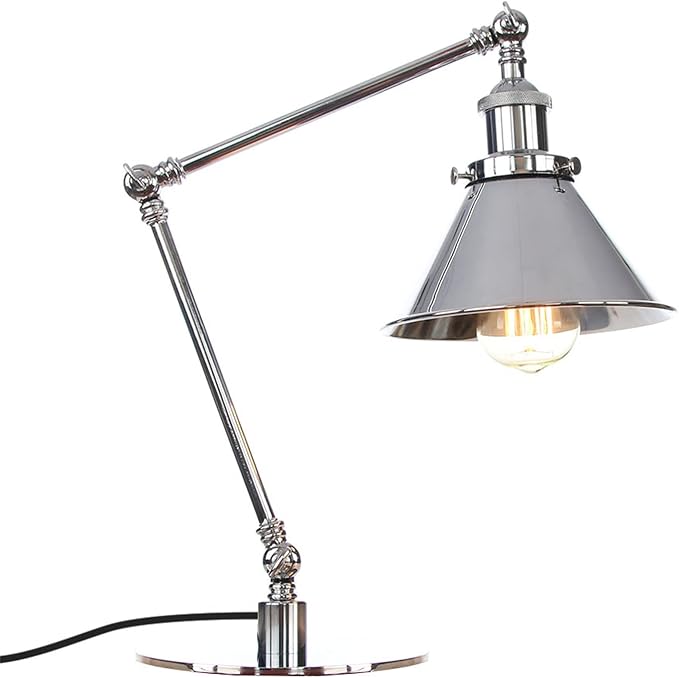 Makeup Vintage Desk Lamp, Industrial Metal Task Table Lamp with Adjustable Swing Arm, Bedroom Bedside Night Light Cafe Retro Reading Lighting,Chrome